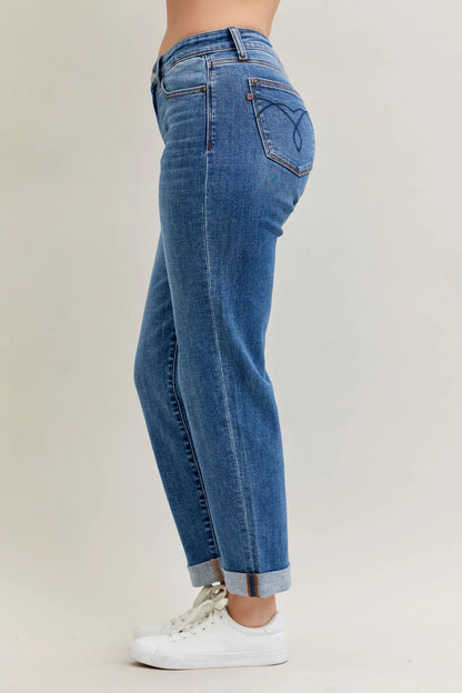 Judy Blue Mid Rise Classic Cuffed Boyfriend Denim Jeans - Brazos Avenue Market 