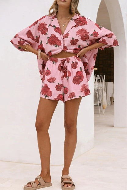 Floral Print Short Sleeve Shirt And Shorts Set