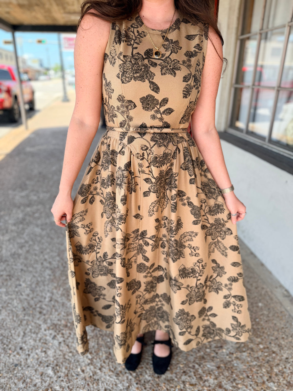Camel Floral Print Midi Dress With Belt