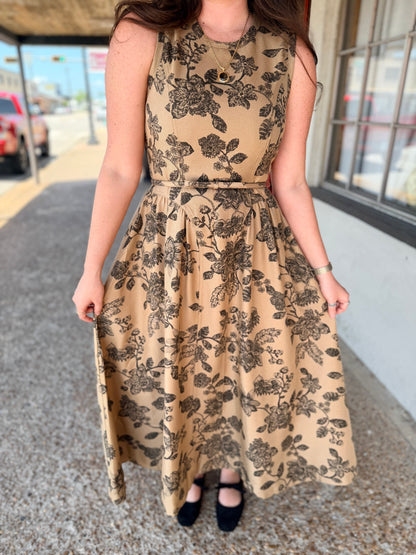 Camel Floral Print Midi Dress With Belt