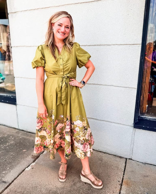 Olive Maxi Dress With Floral Detail