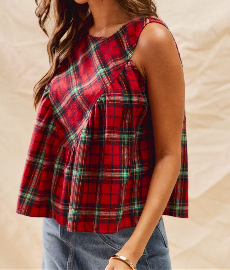 Christmas Checkered Plaid Sleeveless Top - Brazos Avenue Market 