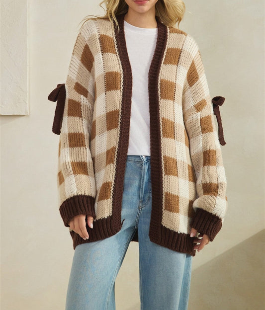 Checkered Cardigan With Ribbon Details - Brazos Avenue Market 