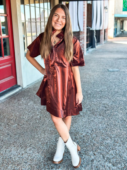 Metallic Brown Mini Dress - Brazos Avenue Market 