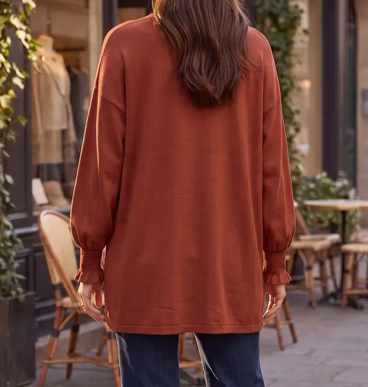 Soft Hacci Smocked Sleeve Open Front Cardigan