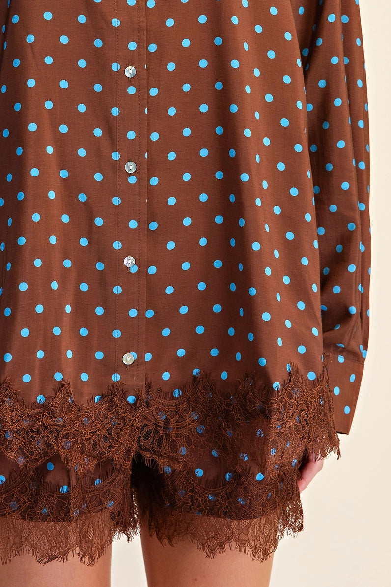 Polka Dot Lace Trim Oversized Shirt - Brazos Avenue Market 