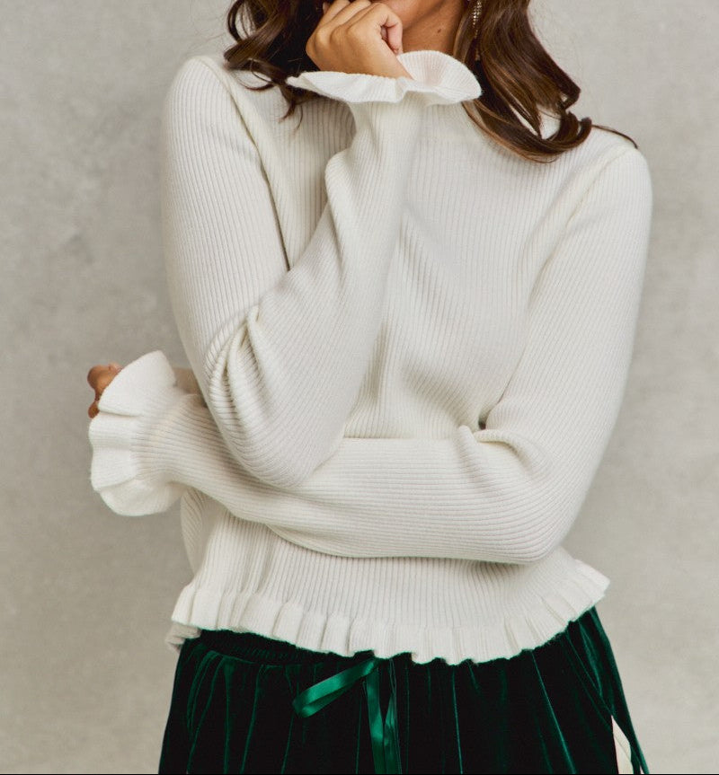 Ruffled Sweater Slim Fit Knit Top - Brazos Avenue Market 