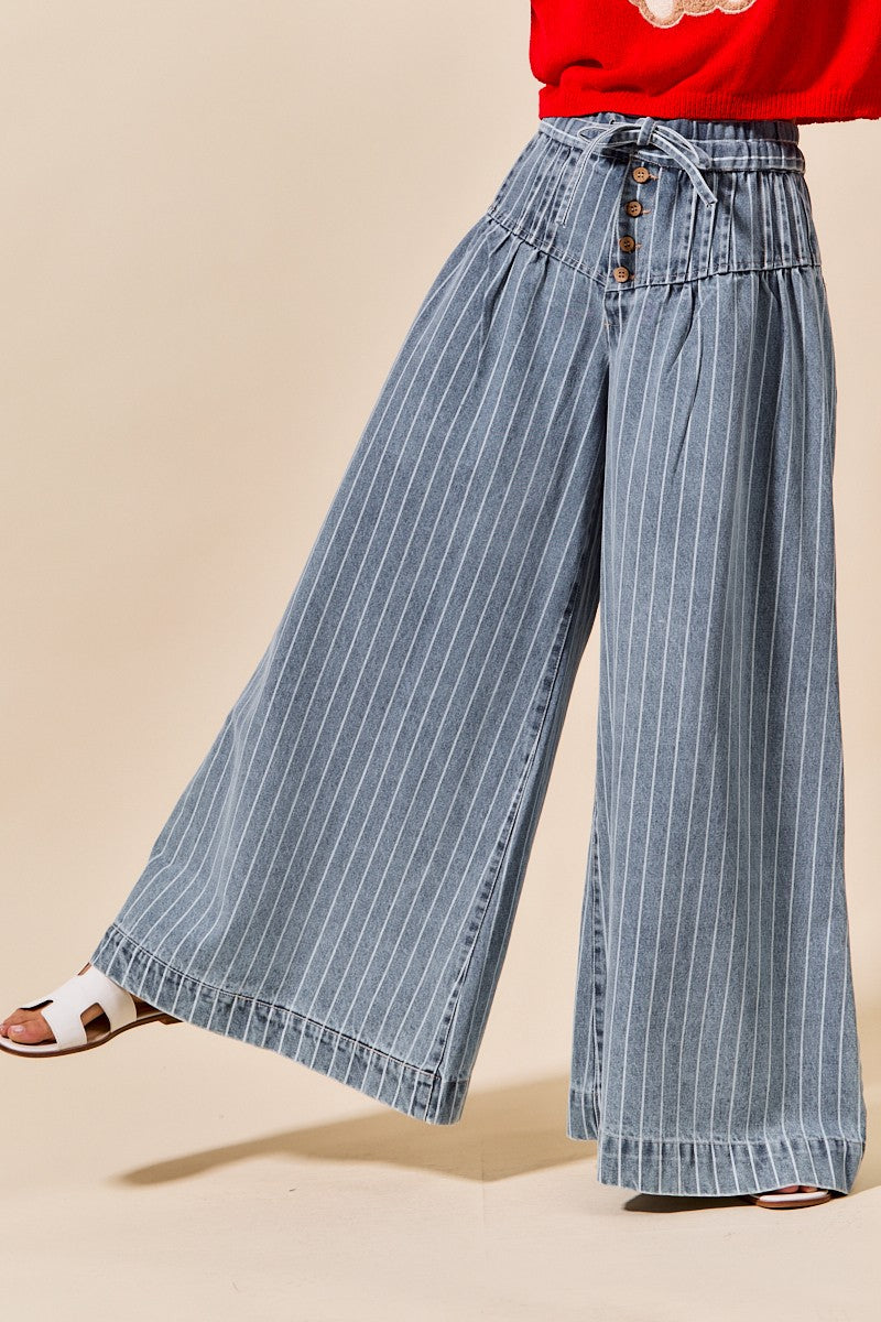 Stripe Denim Wide Leg Jeans With Button Closure - Brazos Avenue Market 