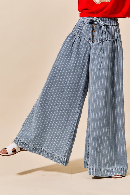 Stripe Denim Wide Leg Jeans With Button Closure - Brazos Avenue Market 