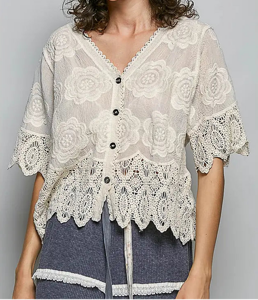 Crochet Trim Neckline Short Sleeve Top (one size)