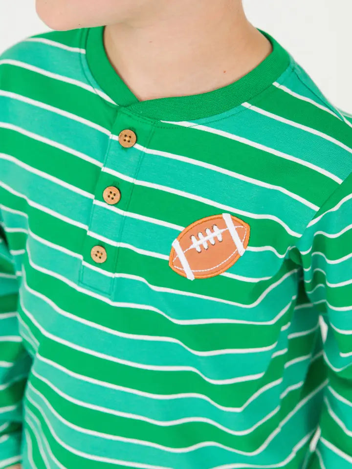 Boys Football Green Stripe Knit Long Sleeve Embroidered Henley Tee - Brazos Avenue Market 