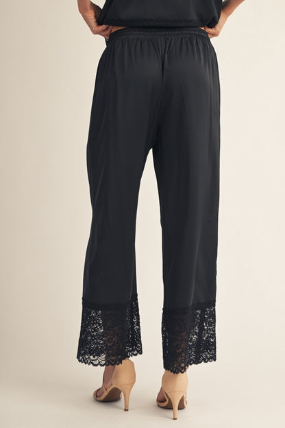 Lace Hem Detail Solid Satin Pants