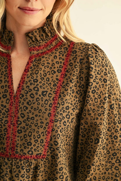 Ruffled Neck Stitch Detail Leopard Top