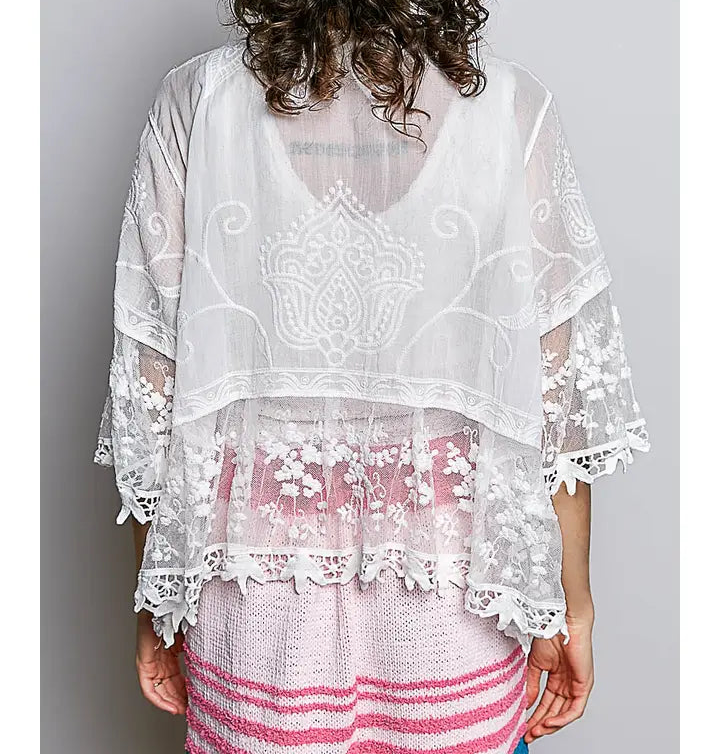 Lace Ruffle Trim Opening Solid Crochet Cardigan OS
