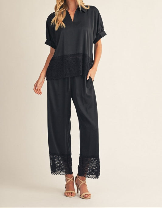 Lace Hem Detail Solid Satin Top