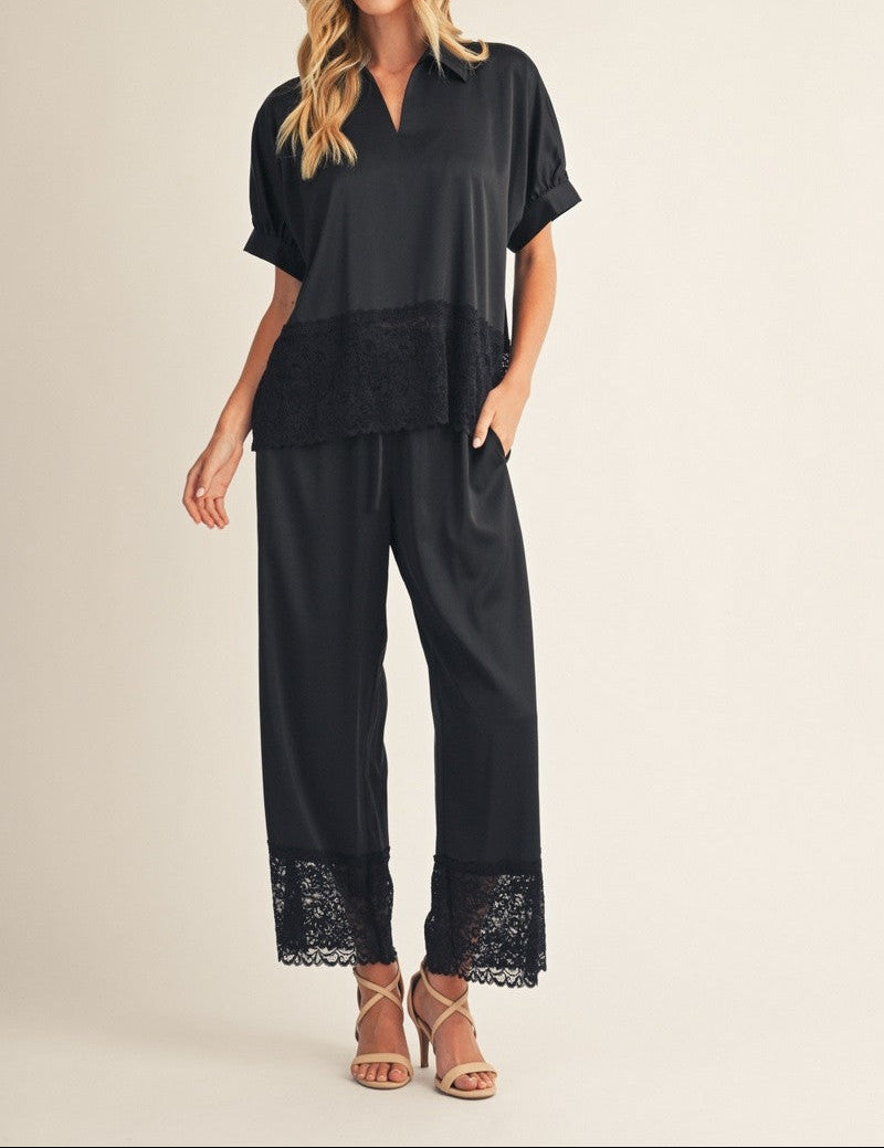 Lace Hem Detail Solid Satin Pants