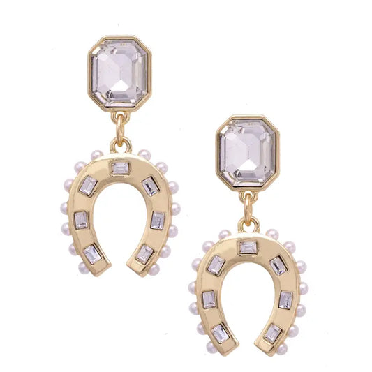 Rhinestone Cowgirl Horseshoe Earrings in Shiny Gold - Brazos Avenue Market 