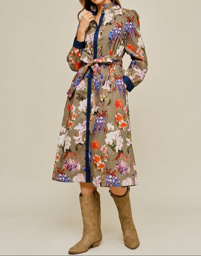Waist Tie Button Down Floral Midi Dress