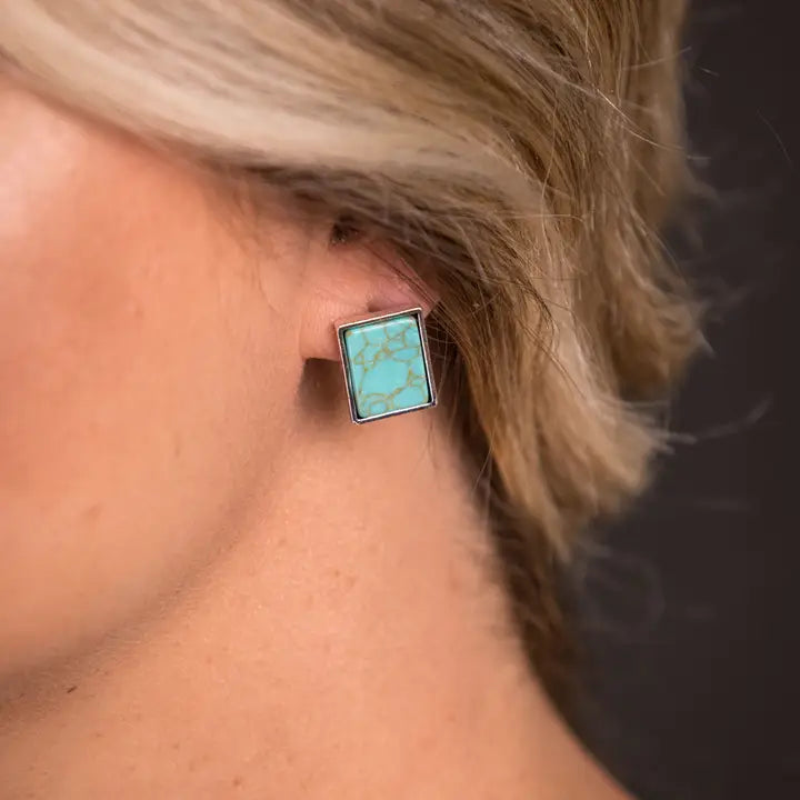 Silver Rectangular Turquoise Stud Earrings