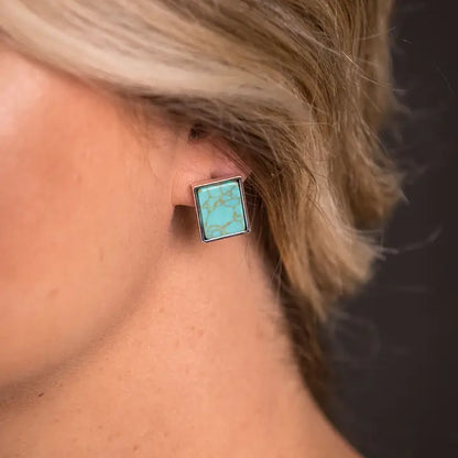 Silver Rectangular Turquoise Stud Earrings