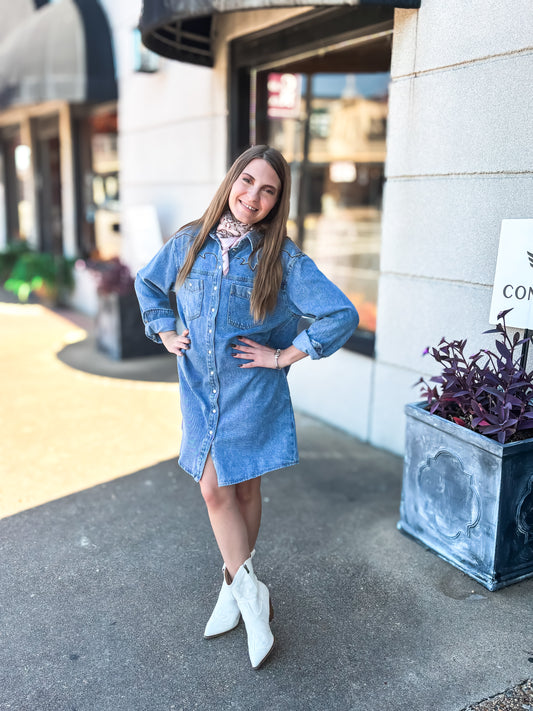 Western Inspired Denim Mini Dress - Brazos Avenue Market 
