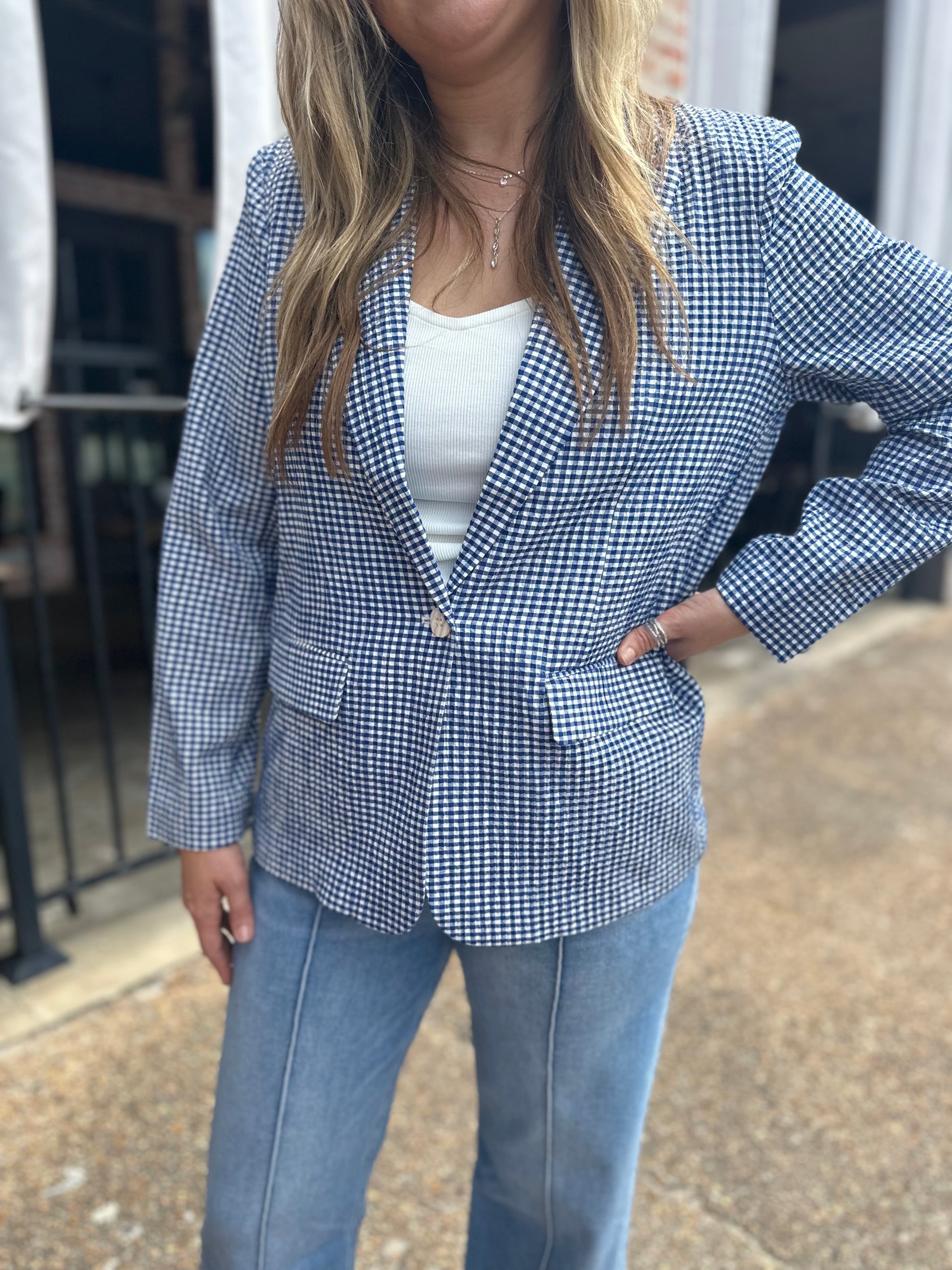 Navy Plaid Blazer - Brazos Avenue Market 