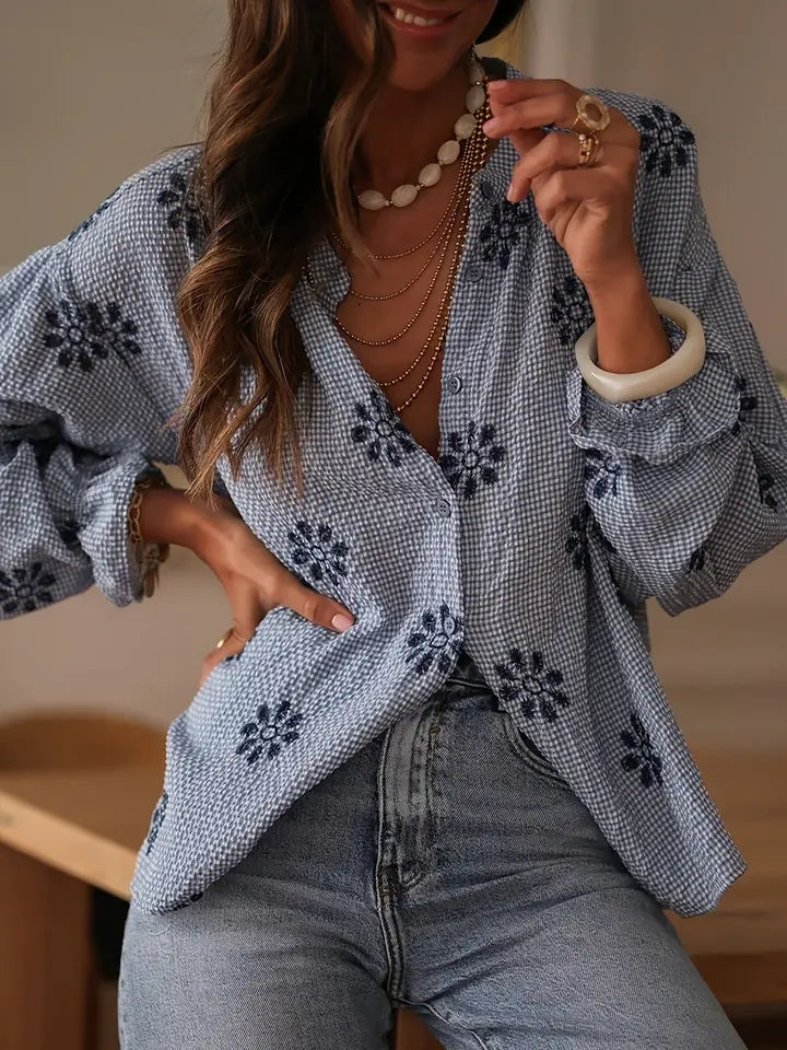 Casual Collar Striped Embroidered Shirt - Brazos Avenue Market 