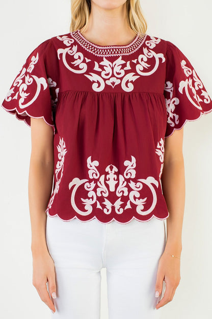 Flutter Sleeve Embroidery Detail Top
