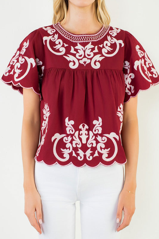 Flutter Sleeve Embroidery Detail Top
