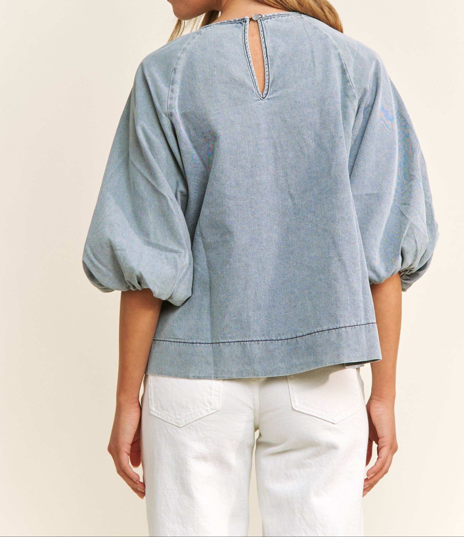 Babydoll Denim Top With Puff Sleeves - Brazos Avenue Market 