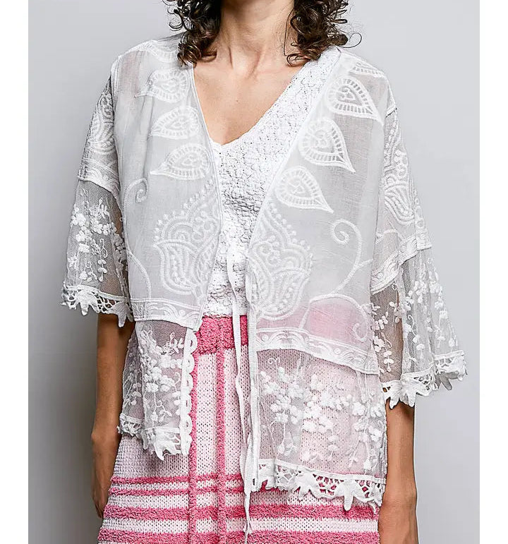 Lace Ruffle Trim Opening Solid Crochet Cardigan OS