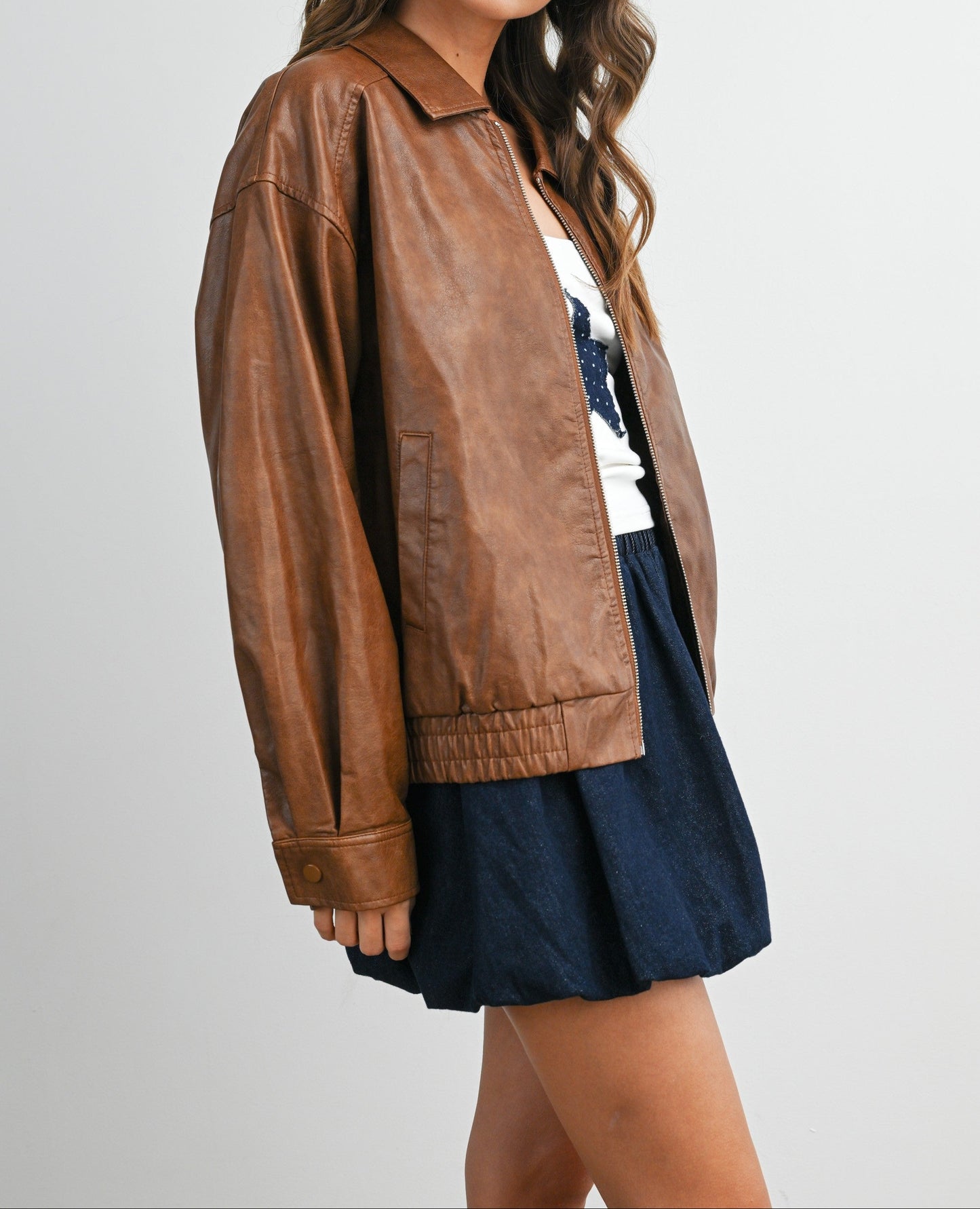 Collared Zip-front Leather Jacket