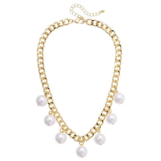 Maribel Pearl Statement Chain Necklace in Shiny Gold - Brazos Avenue Market 