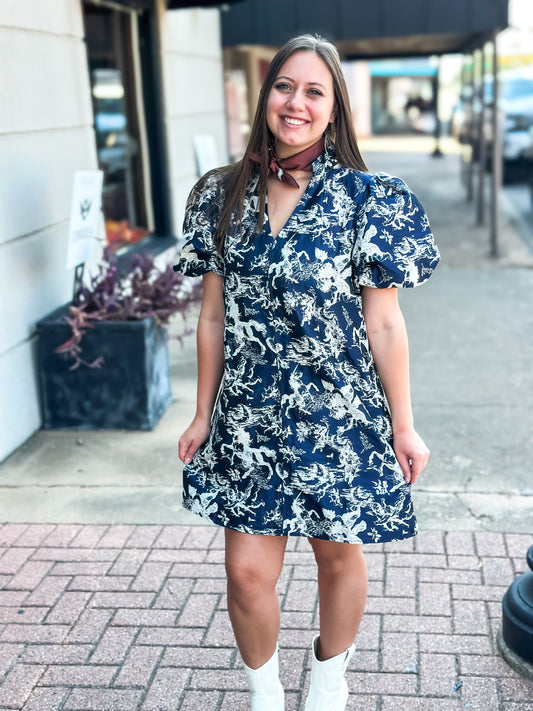 Navy Puff Sleeve Mini Dress - Brazos Avenue Market 