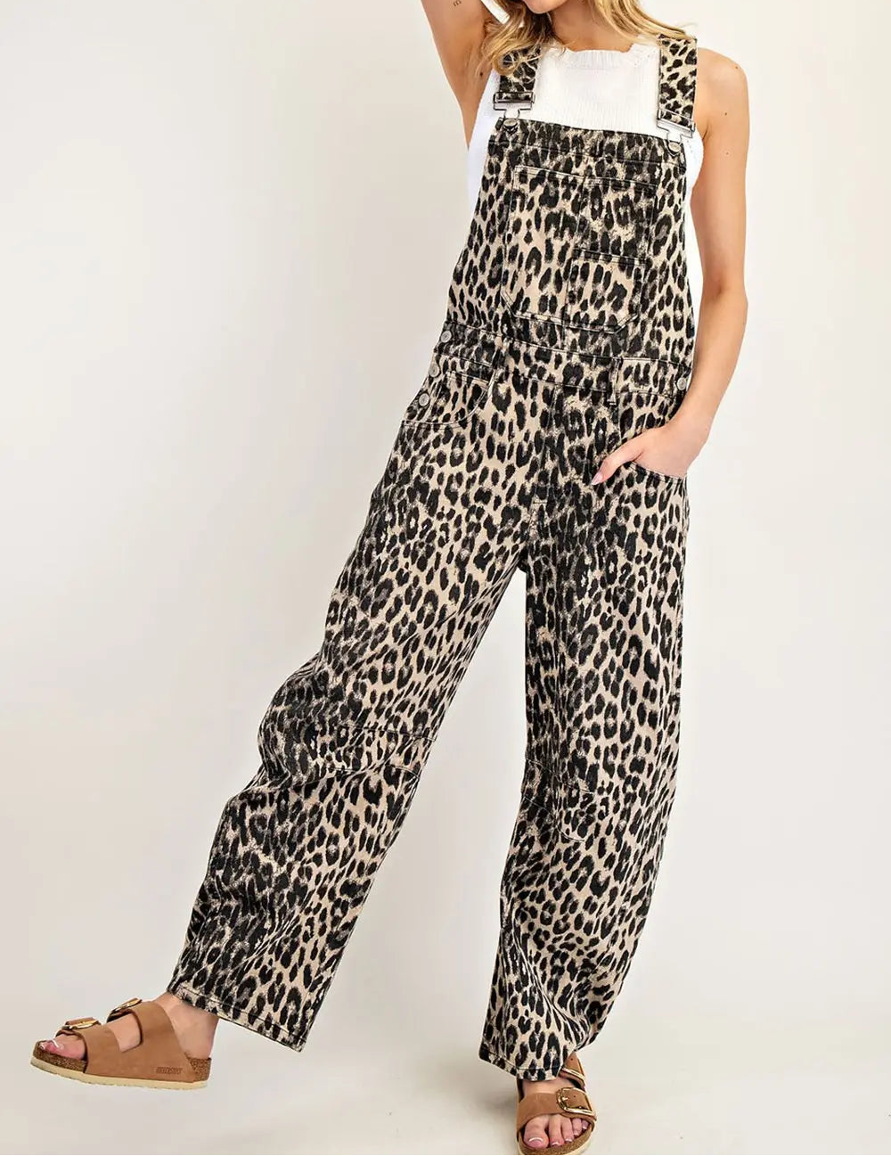 Leopard Printed Barrel Leg Overalls - Brazos Avenue Market 