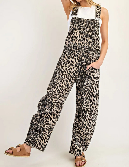 Leopard Printed Barrel Leg Overalls - Brazos Avenue Market 