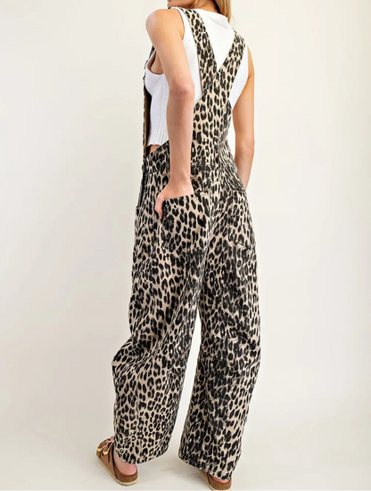 Leopard Printed Barrel Leg Overalls - Brazos Avenue Market 