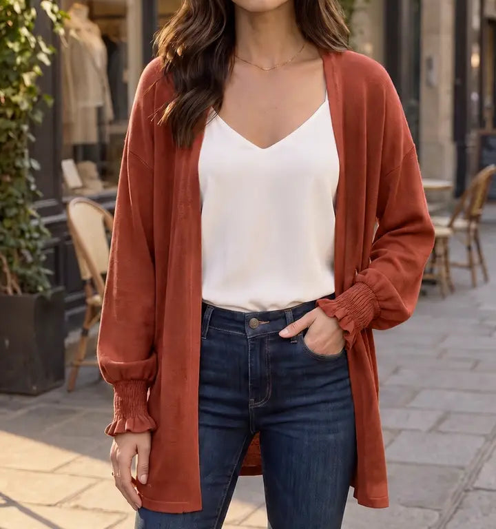 Soft Hacci Smocked Sleeve Open Front Cardigan
