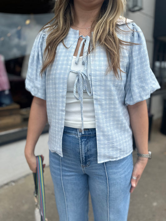 Light Blue Short Sleeve Tie Top - Brazos Avenue Market 