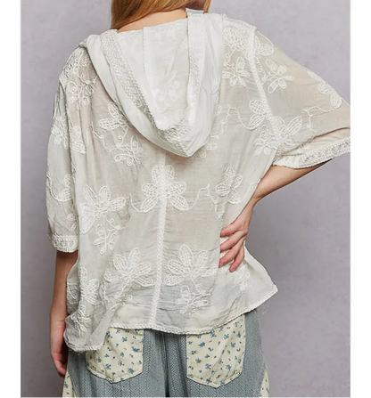 Short Sleeve Border Floral Embroidery Crochet Top (OS)