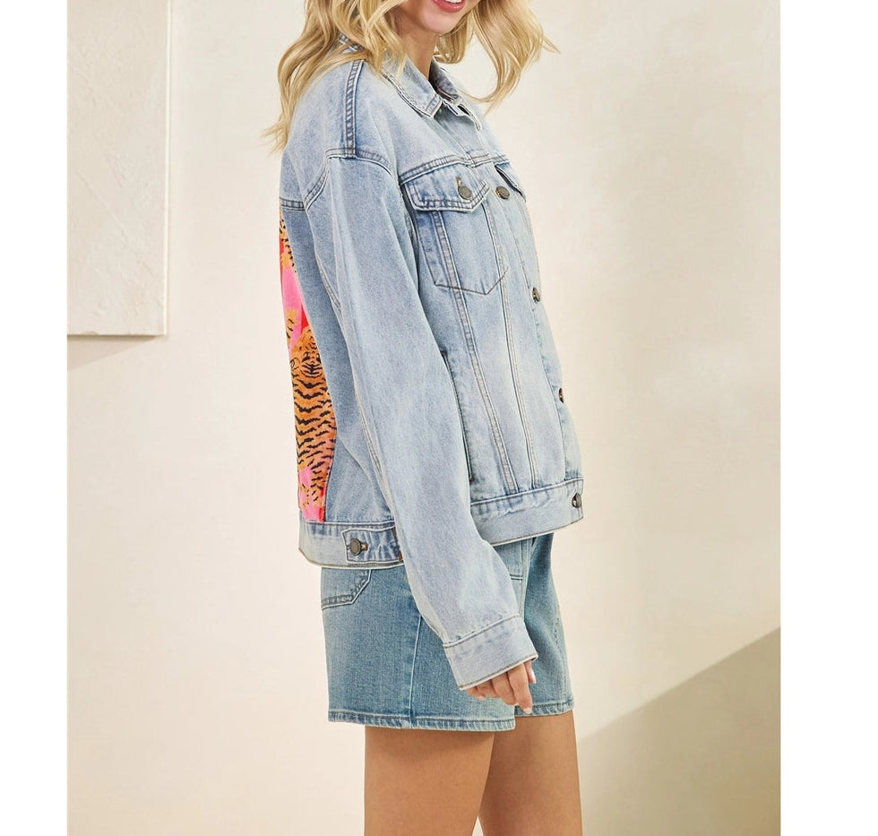 Classic Denim Jacket with Back Tiger Patch Print