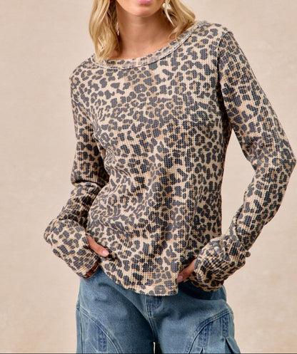 Leopard Print Washed Waffle Thermal Top - Brazos Avenue Market 