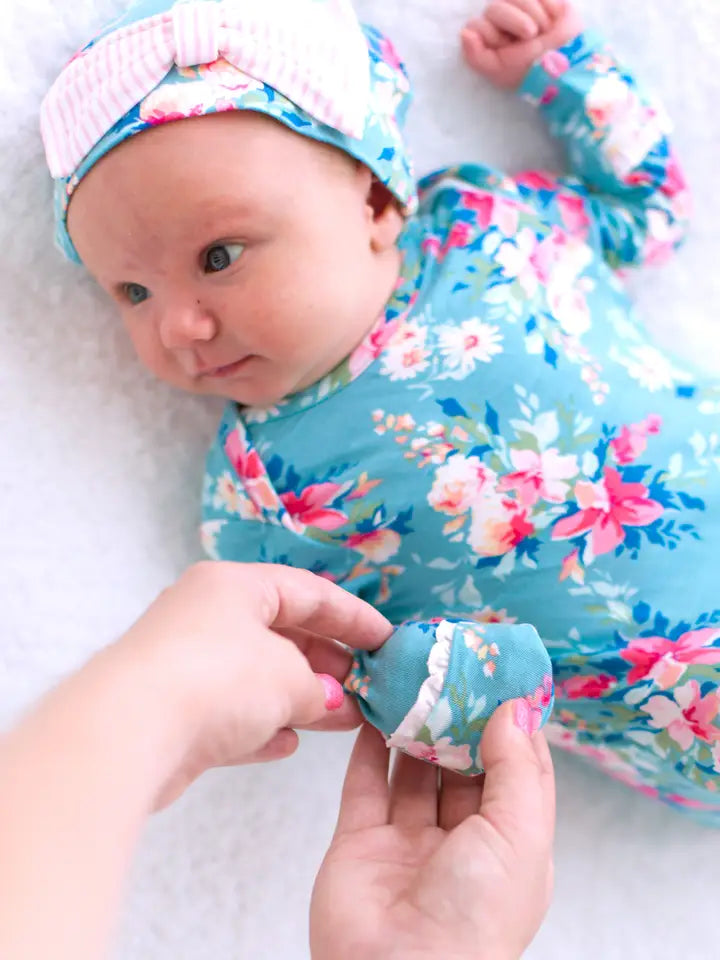 Softsnooze™ Baby Girls Bamboo Viscose Fancy Me Floral Ruffle Knotted Sleep Gown & Bow Hat Set - Brazos Avenue Market 