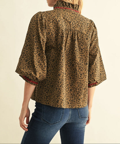 Ruffled Neck Stitch Detail Leopard Top