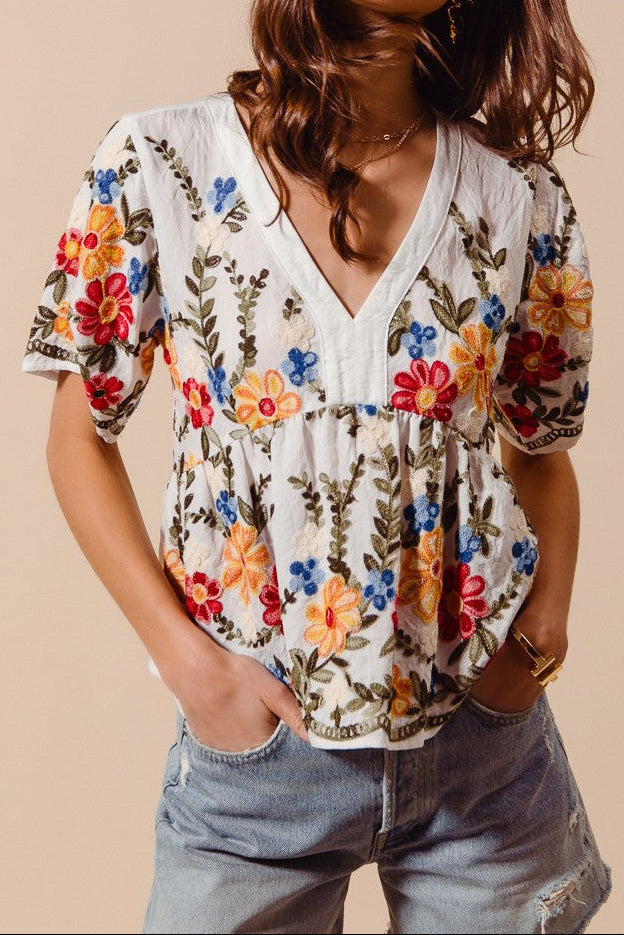 Floral Embroidered Baby Doll Blouse Top