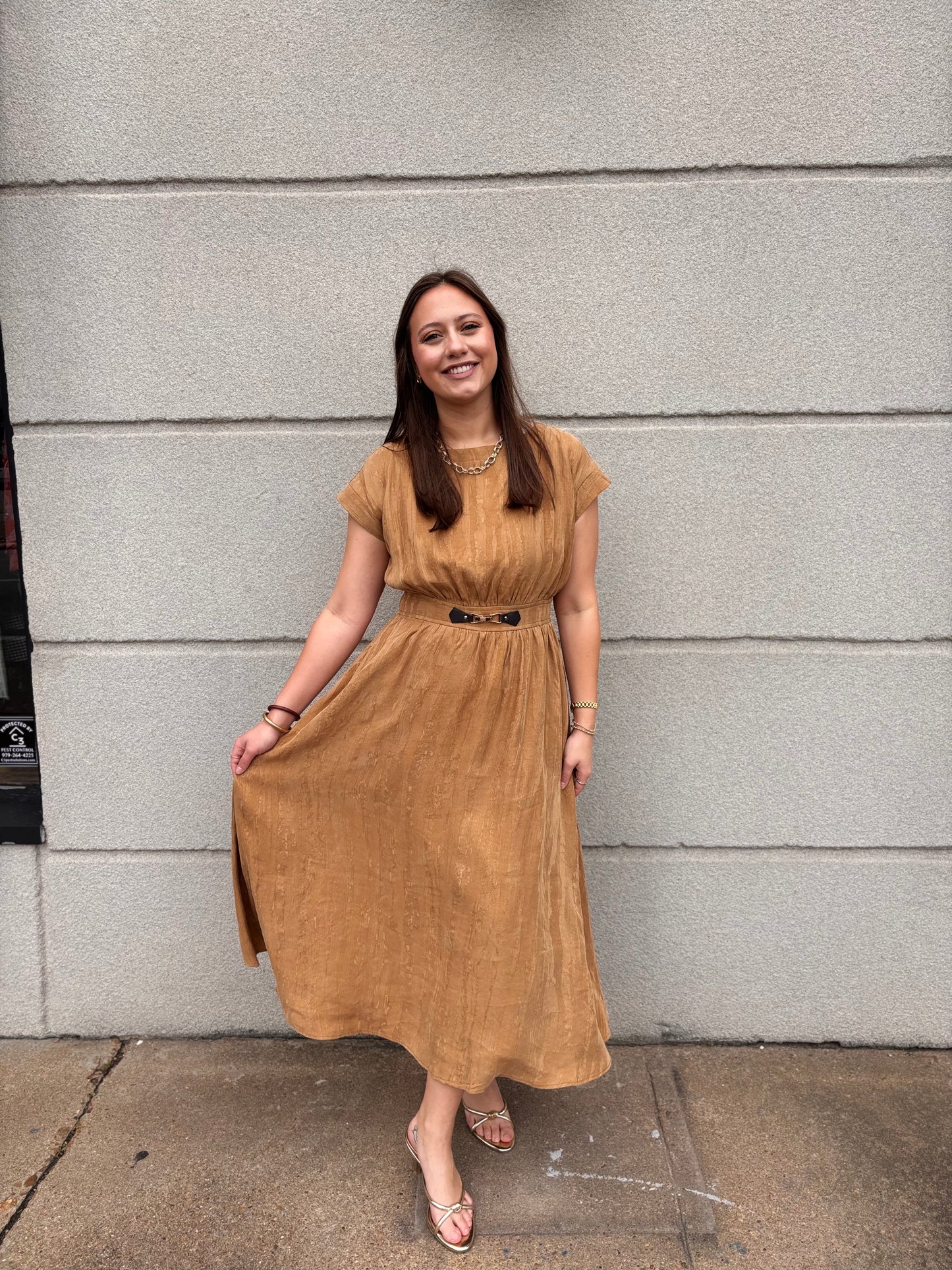 Camel Cap Sleeve Midi Dress