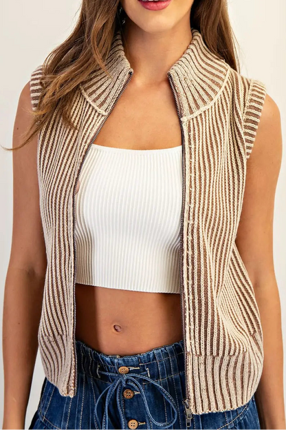 Front Zipper Ribbed Knit Sleeveless Jacket - Brazos Avenue Market 