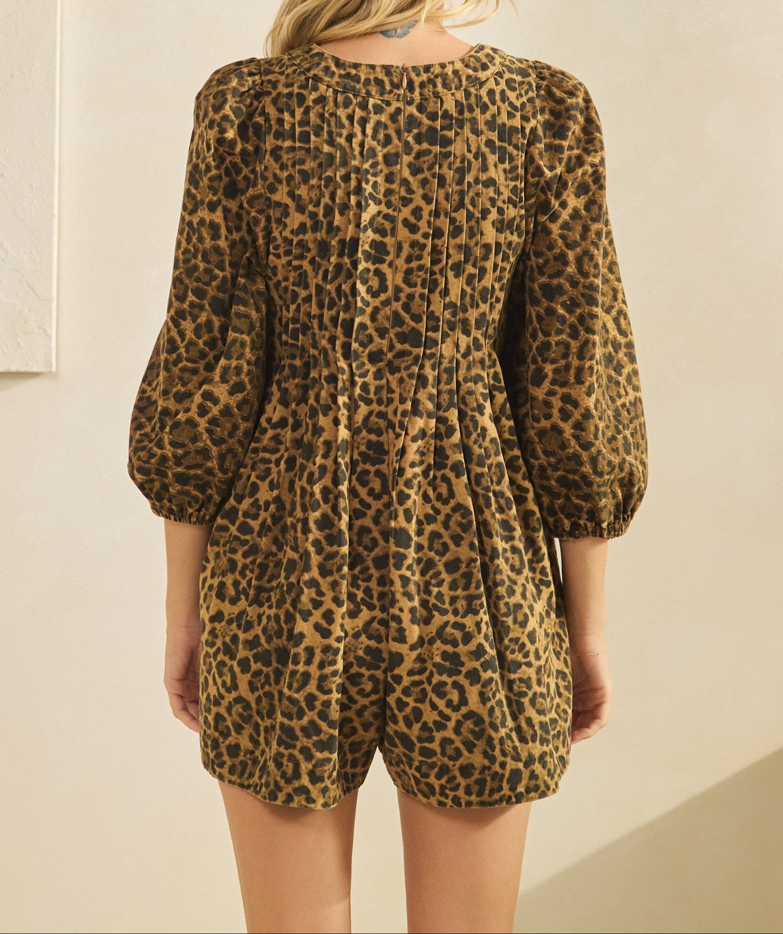 Printed Pleated Long Sleeve Denim Romper - Brazos Avenue Market 