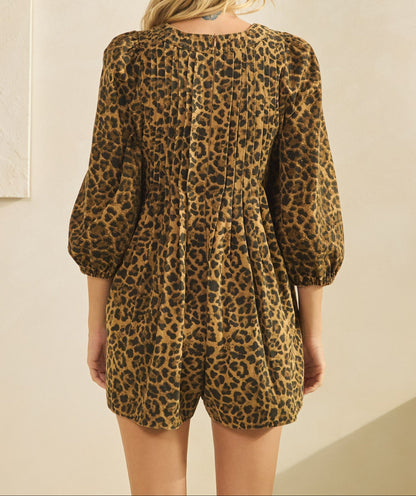Printed Pleated Long Sleeve Denim Romper - Brazos Avenue Market 