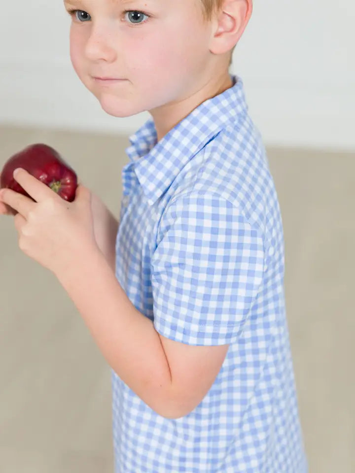 Boys Classic Periwinkle Blue Gingham Knit Short Sleeve Performance Polo - Brazos Avenue Market 